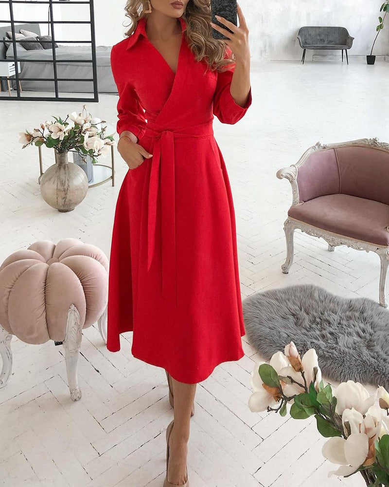 Lantern Sleeve Casual Shirt Dress