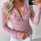 Waffle Knit Multicolor Round Neck Long Sleeve Half Zipper Design Top