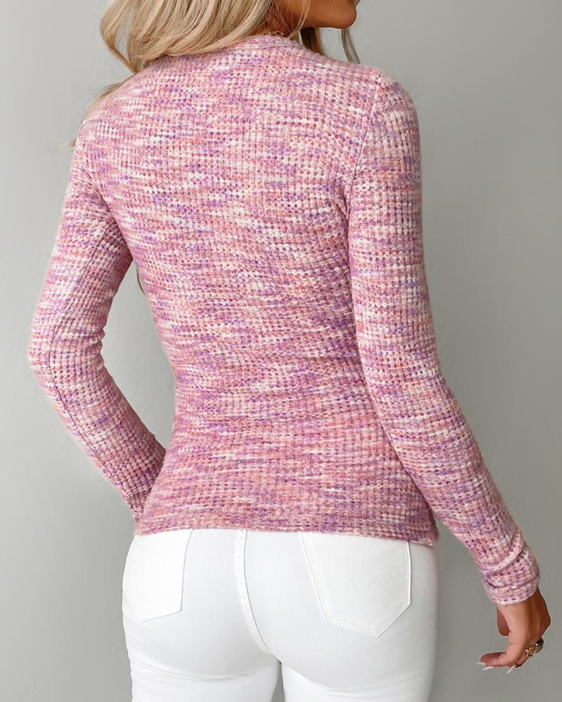 Waffle Knit Multicolor Round Neck Long Sleeve Half Zipper Design Top