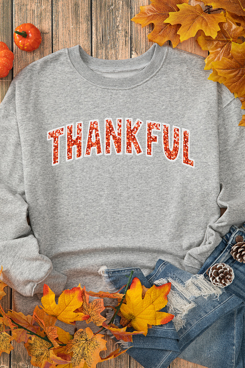 Gray THANKSFUL Shiny Letter Printed Graphic Sweatshirt