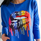 Rainbow Lip Print Crewneck Top Long Sleeve Loose Fit Tee with Pockets