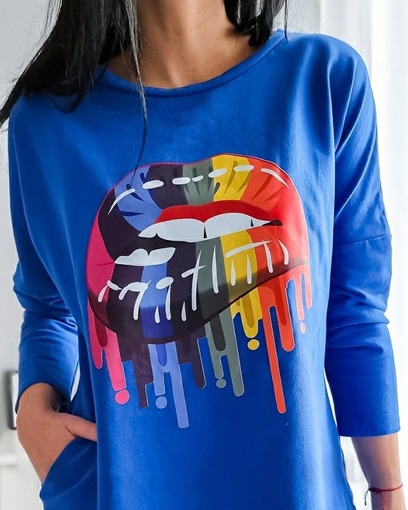 Rainbow Lip Print Crewneck Top Long Sleeve Loose Fit Tee with Pockets