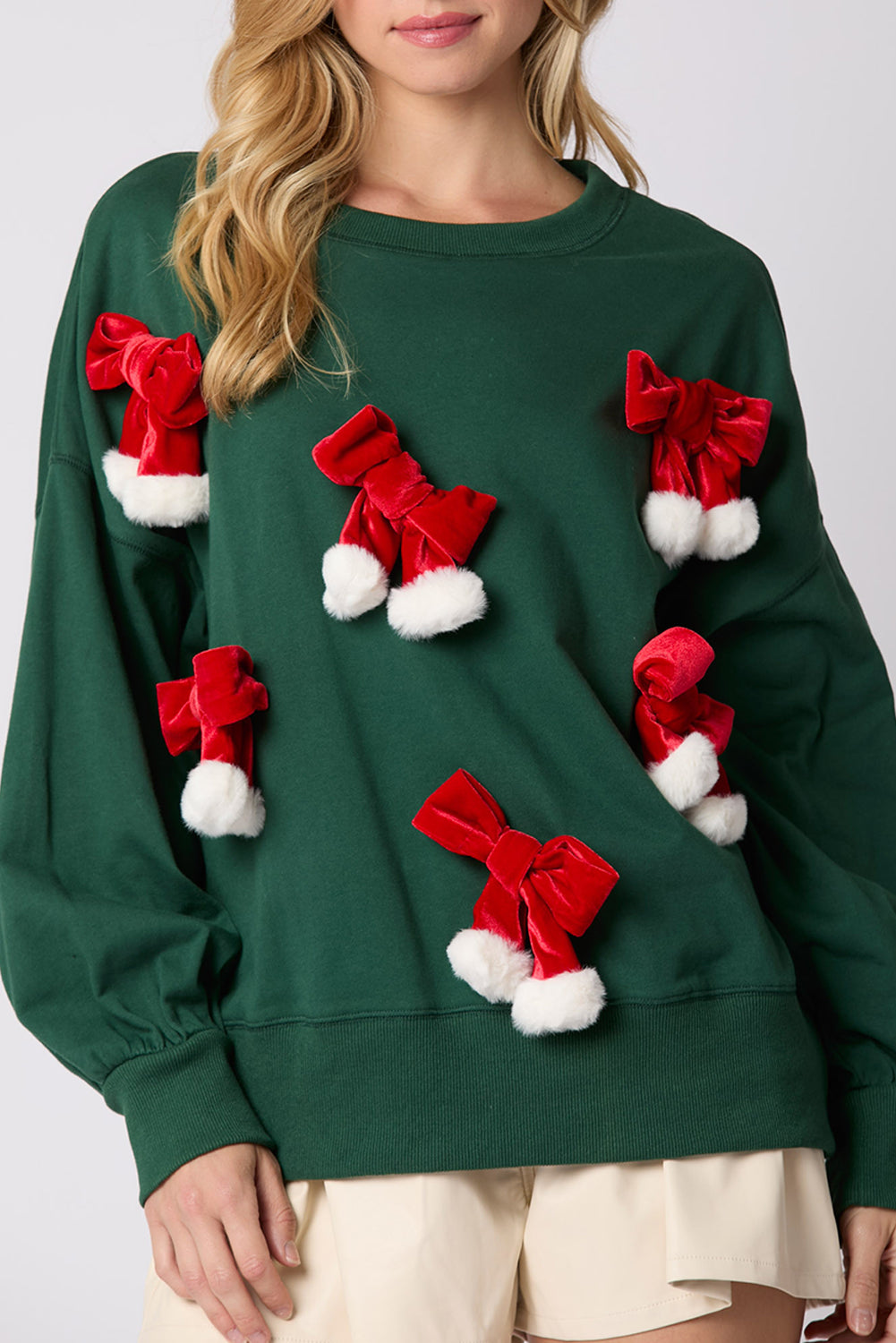 Blackish Green Christmas Bowknot Decor Crewneck Pullover Sweatshirt