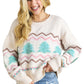 White Striped Christmas Tree Ribbed Trim Drop Shoulder Sweater