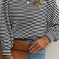 Black Stripe Drop Shoulder Puff Long Sleeve O Neck Plus Size T Shirt