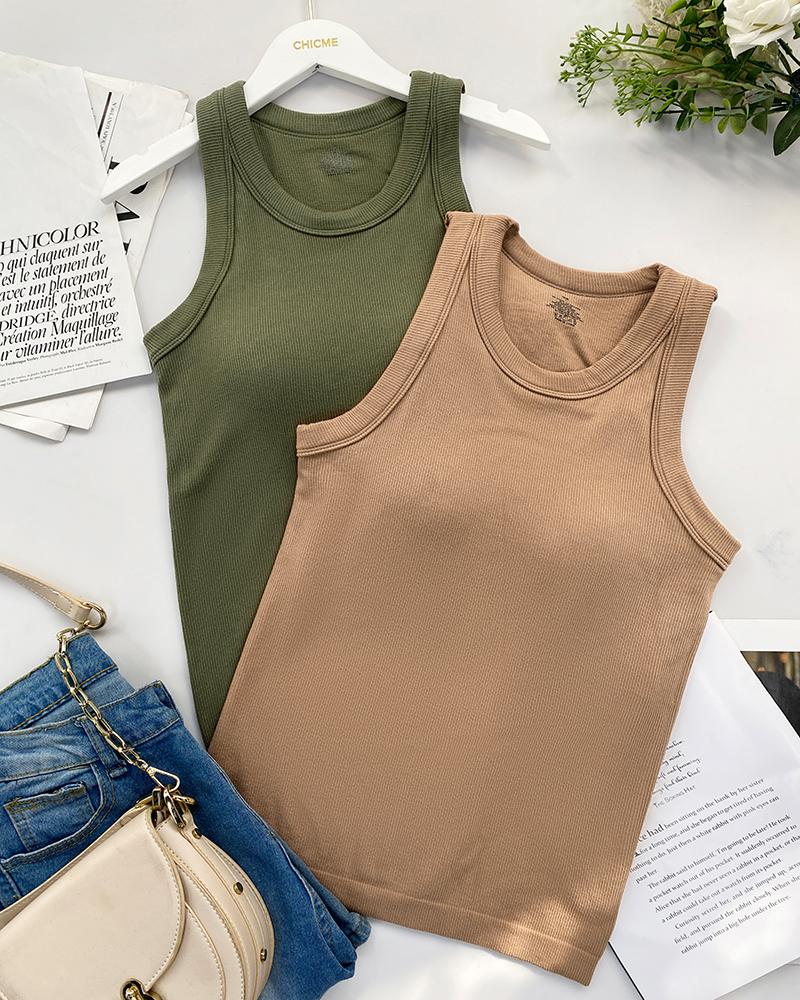 2 Piece Built in Bra Crewneck Tank Top Terry Towelling Lined Sleeveless Slim Fit Layering Shirt Tops