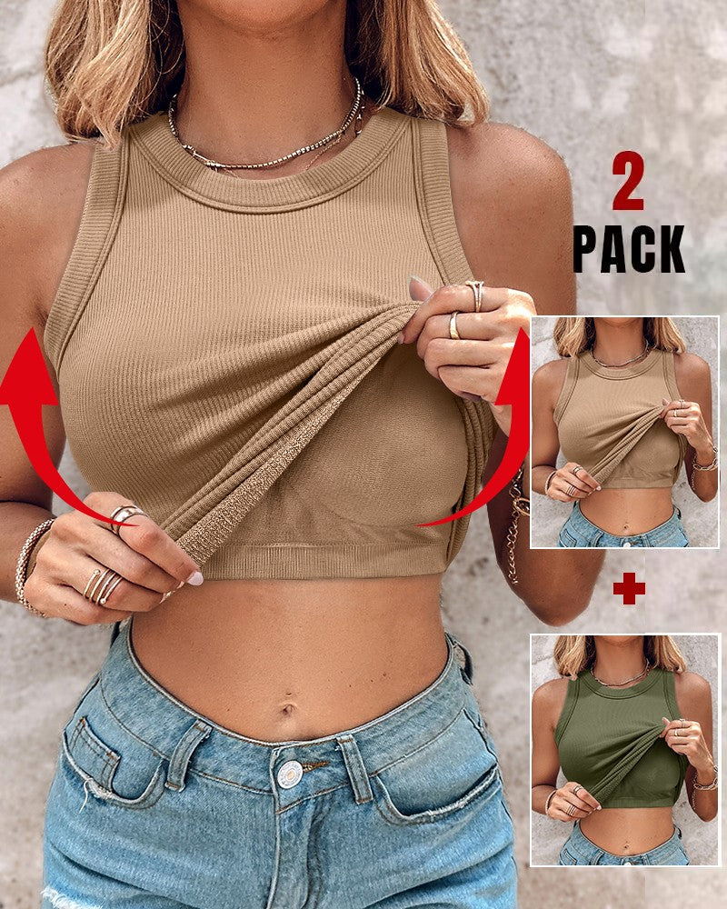 2 Piece Built in Bra Crewneck Tank Top Terry Towelling Lined Sleeveless Slim Fit Layering Shirt Tops