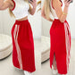 2 Piece Crewneck Sleeveless Contrast Binding Tank Top Striped Slit Skirt with Pockets Tracksuit Set