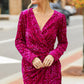 Pitaya Pink Velvet Sequin Long Sleeve V Neck Wrapped Mini Dress