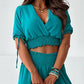 Deep V Neck Shirred Crop Top & High Waist Pants Set