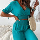 Deep V Neck Shirred Crop Top & High Waist Pants Set