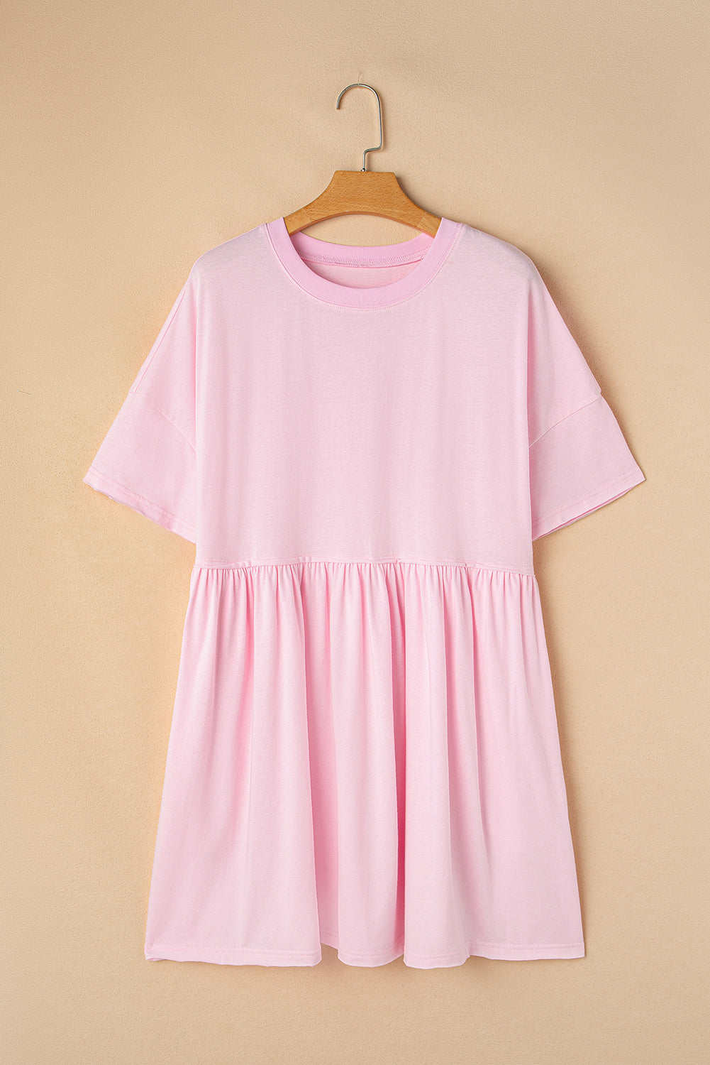 Light Pink Solid Color Pocketed Raw Edge Babydoll Dress