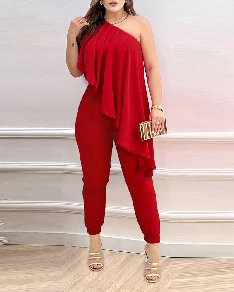 One Shoulder Asymmetrical Ruffles Jumpsuit