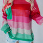 Rose Striped Knit Patch Pocket Drop Shoulder Sweater