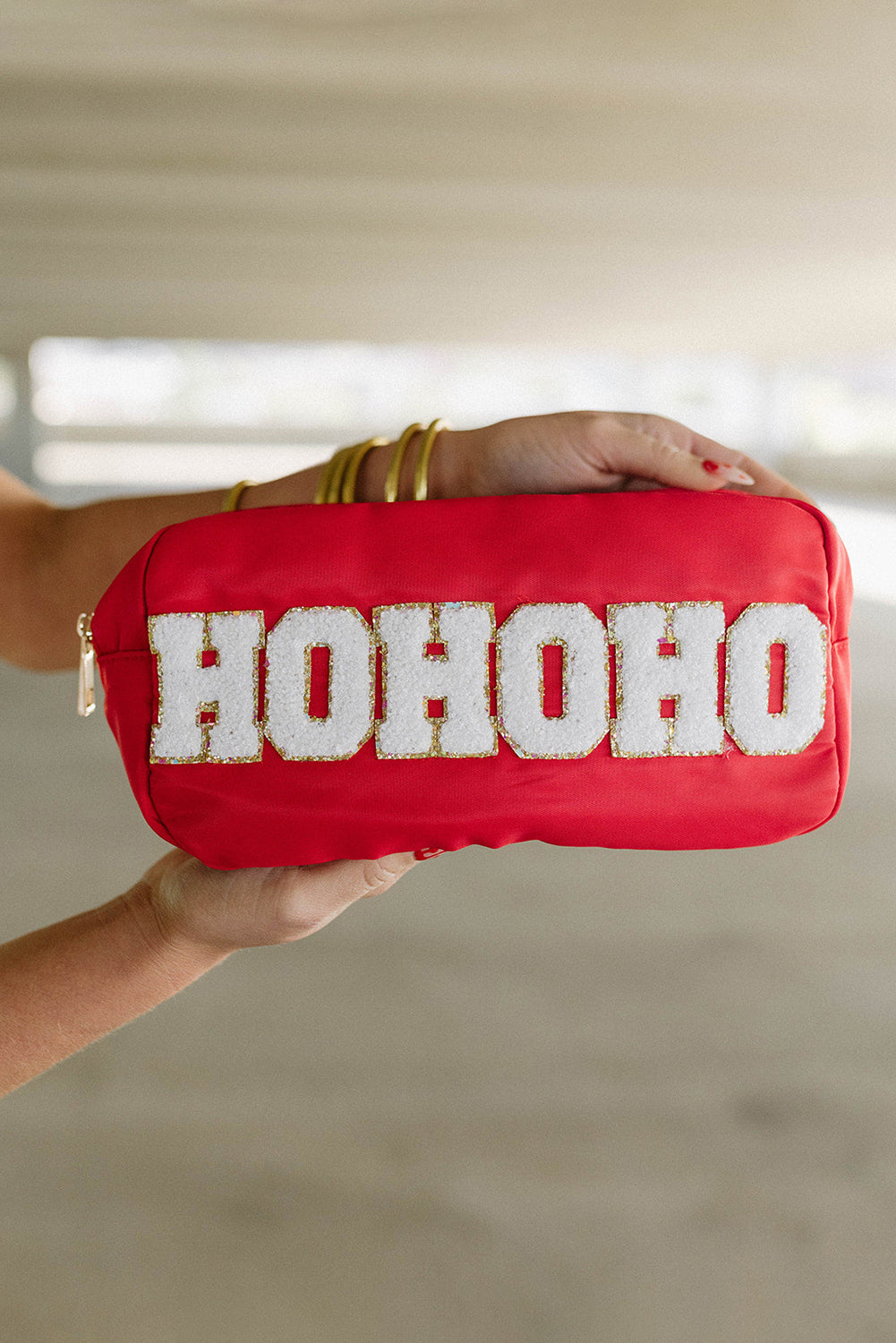 Fiery Red HOHOHO Chenille Glitter Zipper Large Makeup Bag