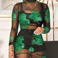 3PCS Crop Top & Shorts Set With Floral Print Sheer Mesh Dress