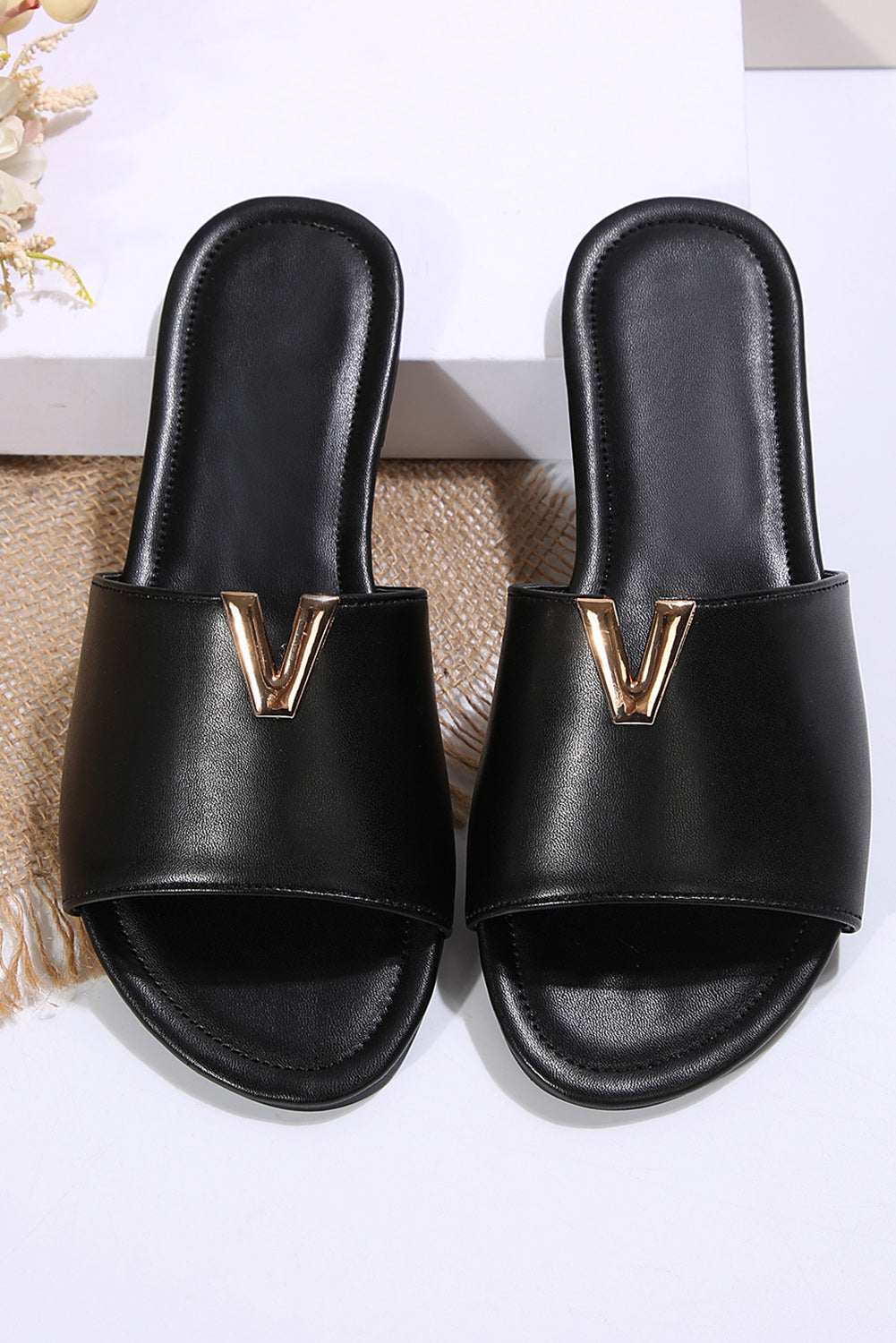 Black V Shape Metal Decor PU Leather Flat Slippers