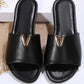 Black V Shape Metal Decor PU Leather Flat Slippers