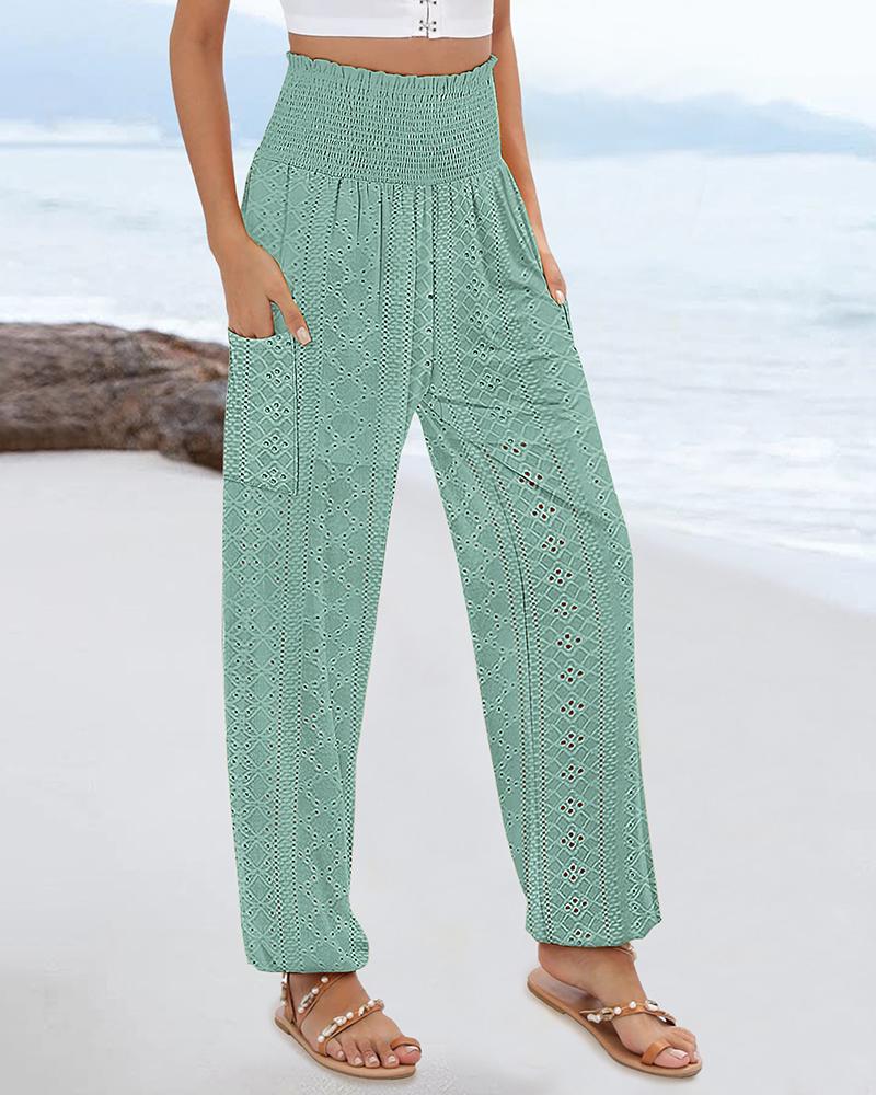 Hollow out Shirred High Waist Cinched Hem Long Pants Vacation Pants with Pocket