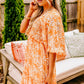 Orange Floral Print Smocked V Neck Wide Sleeve Maxi Dress