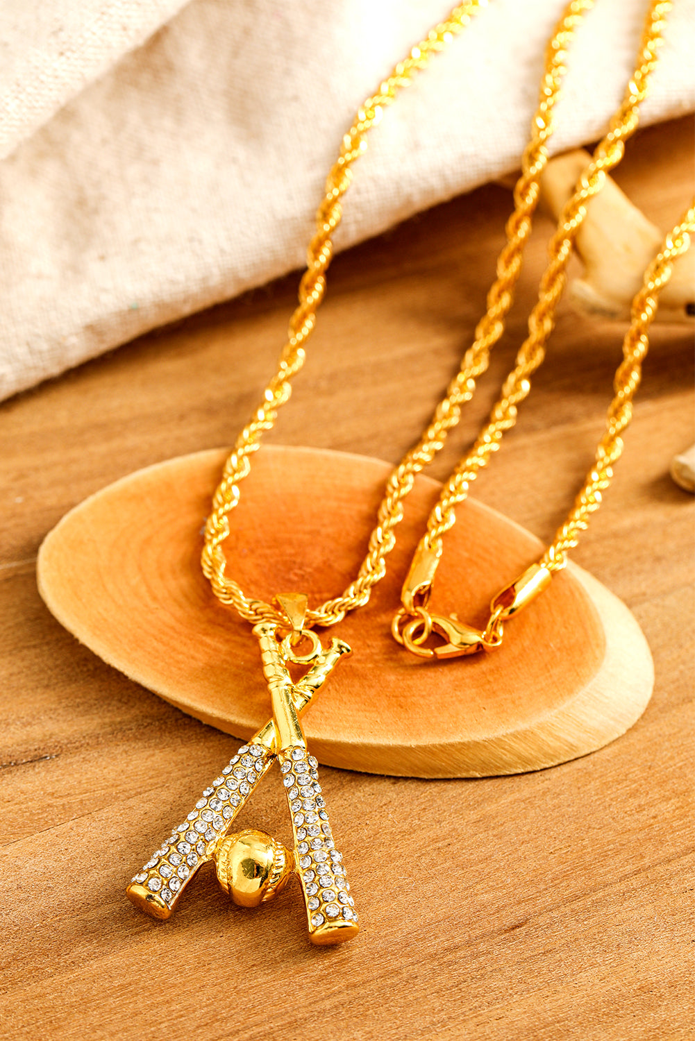 Gold Rhinestone Baseball Pendant Plated Alloy Chain Necklace