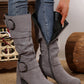 Dark Grey Suede Double Buckled Side Zipped Mid-calf Boots