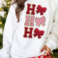 White Chenille HO HO HO Bow Patched Graphic Christmas Sweatshirt