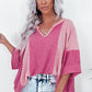 Bright Pink Textured Colorblock 3/4 Sleeve Oversize Top