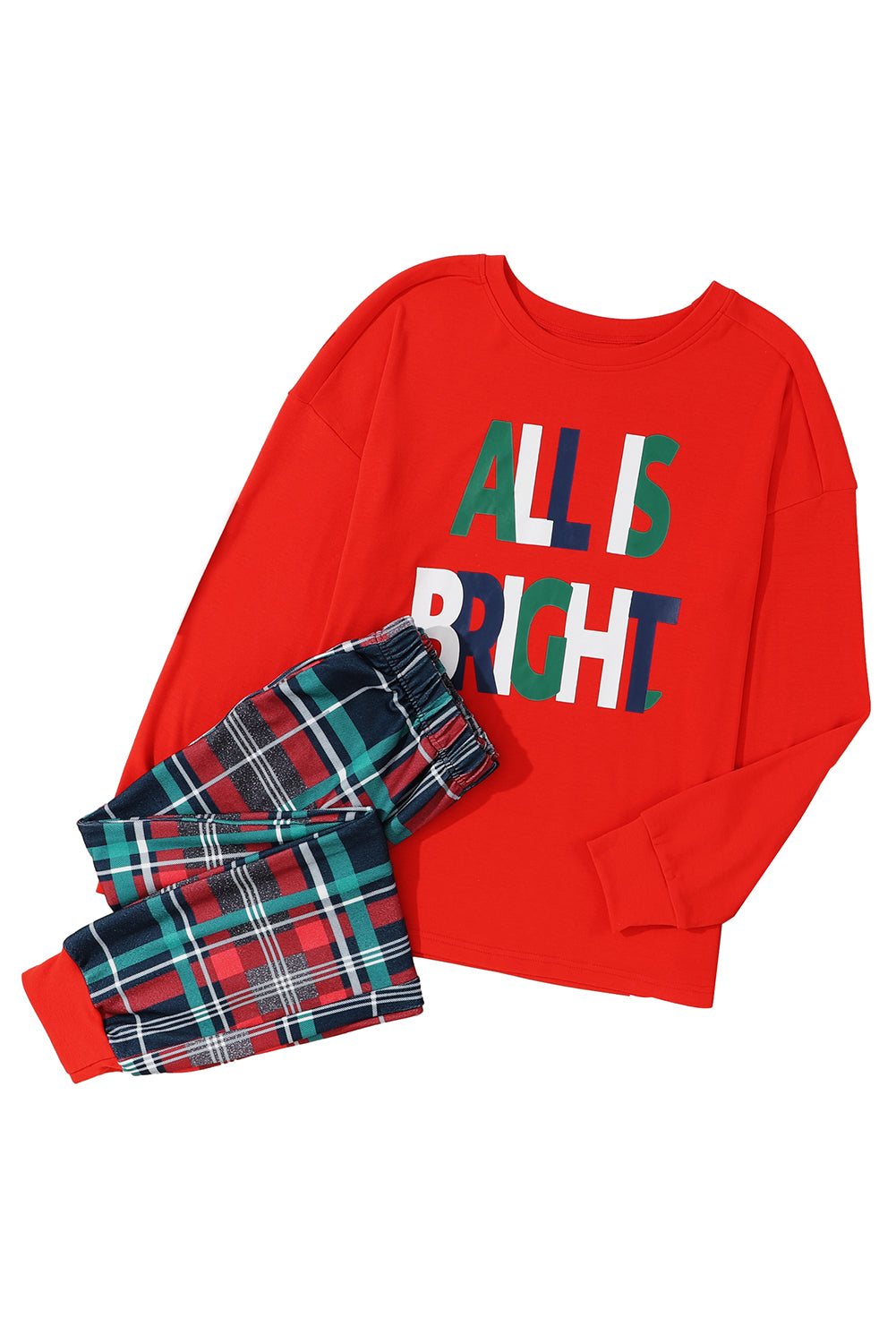 Multicolor ALL IS BRIGHT Graphic Christmas Plaid Pajamas Set