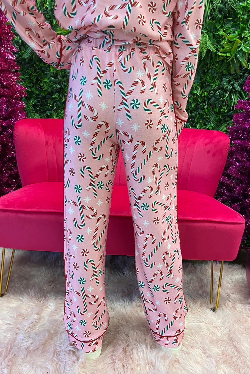 Pink Christmas Candy Cane Print Lapel Collar Shirt and Pants Two Piece Pajamas Set