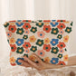 Red Colorful Flower Printed Rib Textured Cosmetic Bag