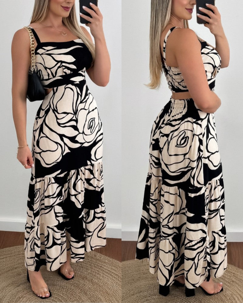 Floral Print Square Neck Sleeveless Backless Dress Casual Hollow out Flowy A Line Maxi Dress