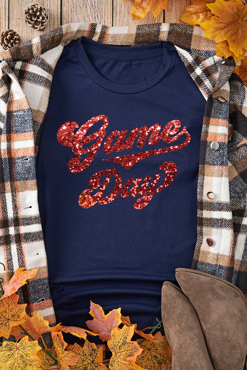 Blue Glittering Game Day Graphic Cuffed Sleeve Crew Neck T Shirt