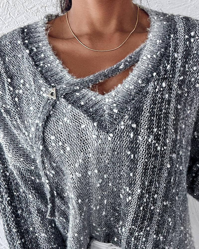 Ombre V Neck Contrast Sequin Drop Shoulder Knit Sweater