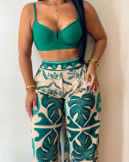 Palm Leaf Print Pocket Design Wide Leg Pants