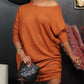 Crewneck Batwing Long Sleeve Casual Dress Back Button Decor Midi Dress