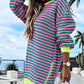 Striped Colorblock Oversized Sweatshirt Long Sleeve Crewneck Side Zipper Design Casual Dress