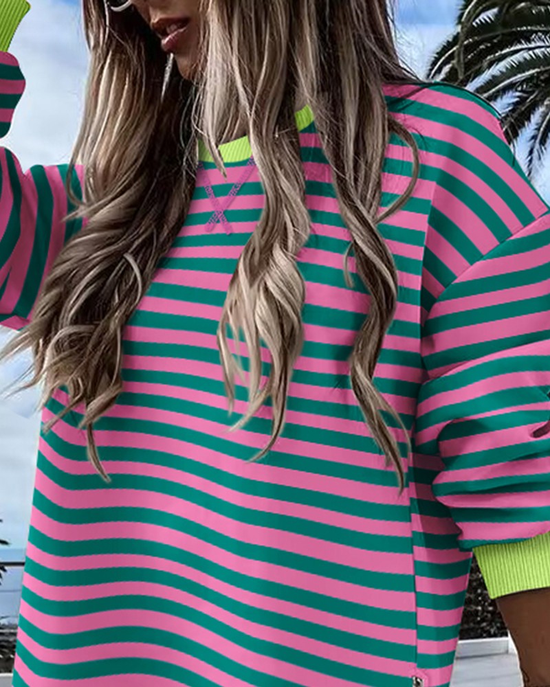 Striped Colorblock Oversized Sweatshirt Long Sleeve Crewneck Side Zipper Design Casual Dress