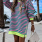 Striped Colorblock Oversized Sweatshirt Long Sleeve Crewneck Side Zipper Design Casual Dress