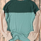 Green Color Block Long Sleeve Ribbed Loose Top