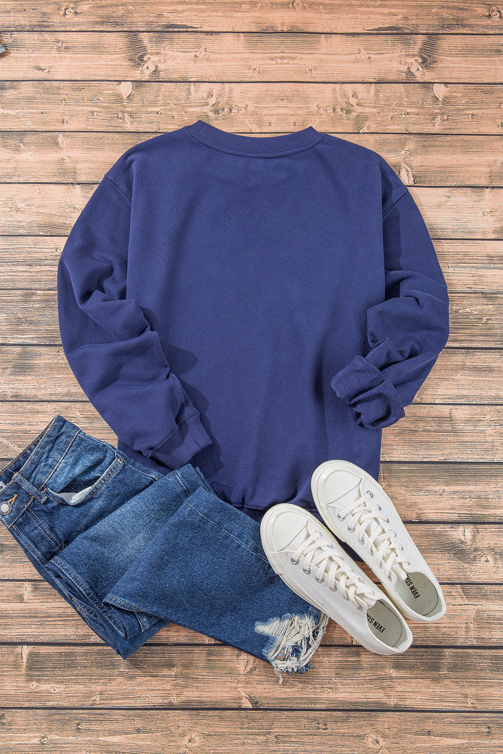 Navy Blue Plain Drop Shoulder Crewneck Pullover Sweatshirt