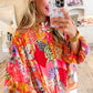 Red Abstract Floral Print Buttoned Ruffled Bubble Sleeve Shirt