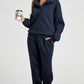 Navy Blue Solid Color Collared Sweatshirt and High Waist Pants Set