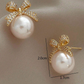 Gold Rhinestone Bowknot Pearl Earrings