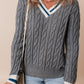 Medium Grey Color Contrast Ribbed Edge Cable Knit V Neck Sweater