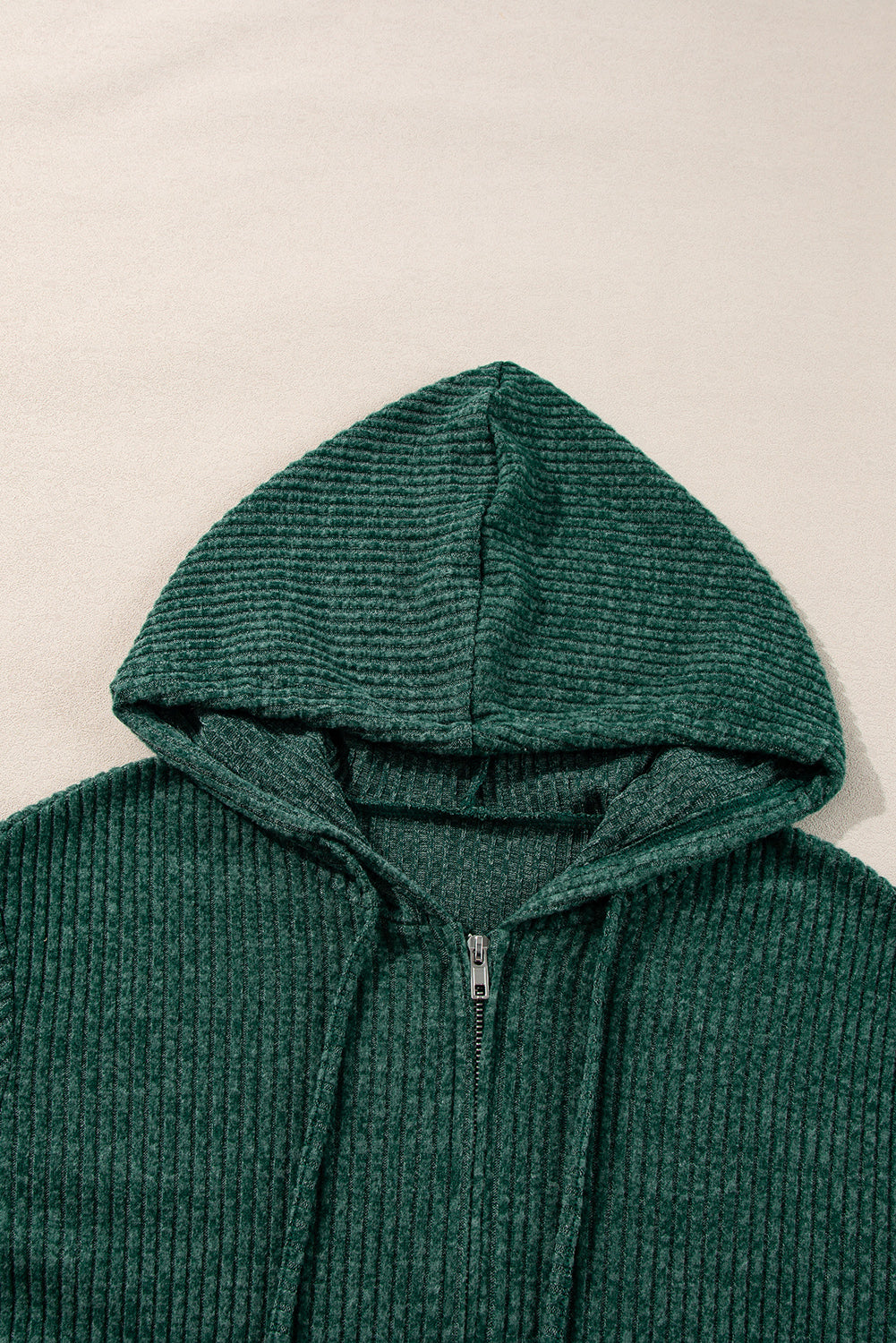 Evergreen Ribbed Zip Up Front Drawstring Hoodie