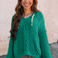 Sea Green Cable Knit V Neck Contrast Drawstring Hooded Sweater