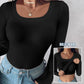 U Neck Built in Bra Long Sleeve Ribbed Top