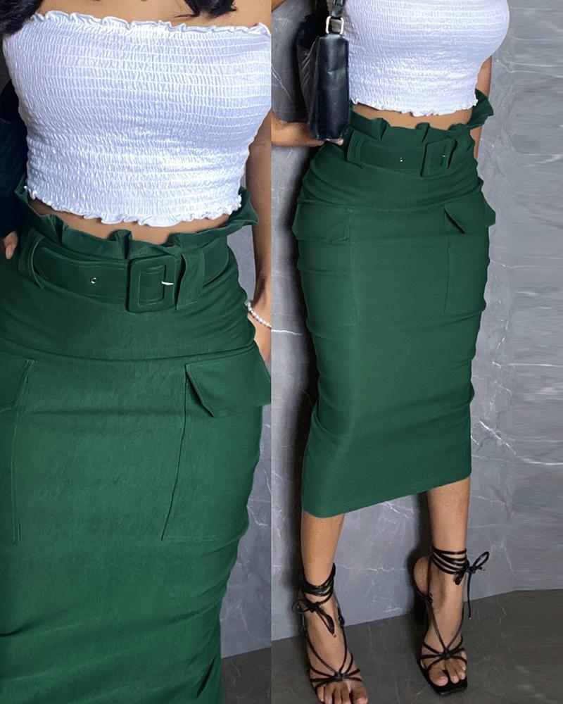 High Waist Mid Calf Belted Cargo Skirt Casual Pocket Design Ruffles Hem Skirt