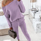 2PCS Solid Skew Neck Long Sleeve Top & Stretchy Waist Pants Set